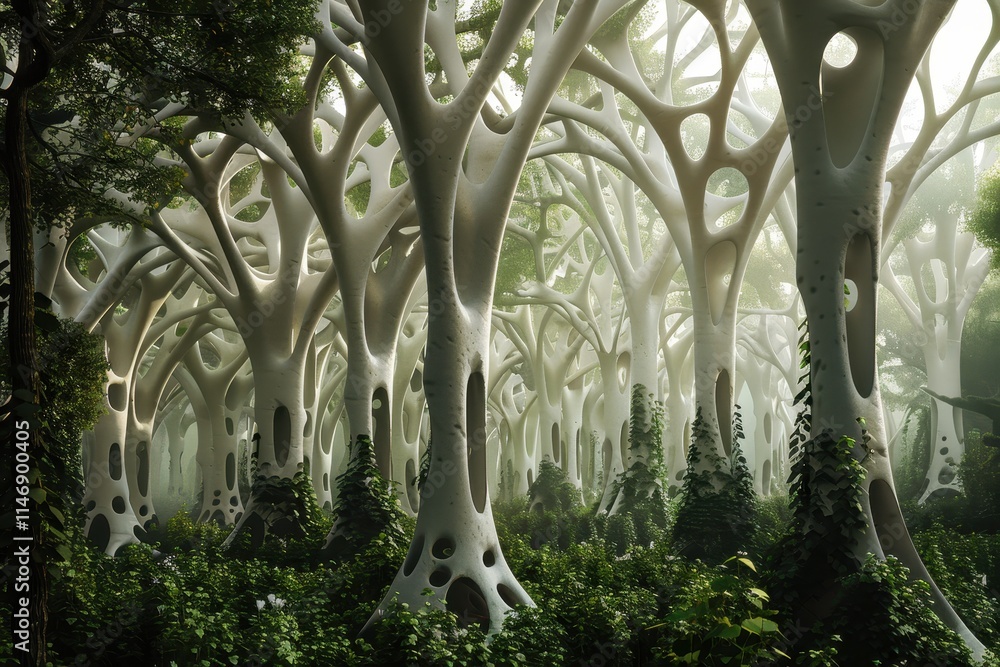 Poster enchanted forest with towering trees and delicate webs in bright daylight revealing intricate nature