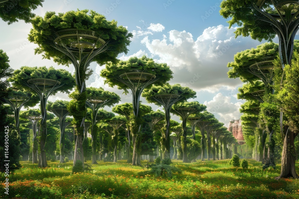 Aufkleber enchanted forest with towering trees and delicate webs in bright daylight revealing intricate nature