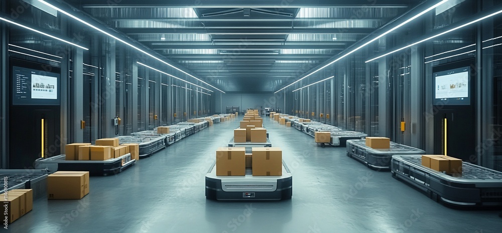 Poster automated warehouse with moving conveyor belts and stacked boxes for distribution.