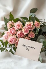 bouquet of roses and Mother's Day card. Selective focus