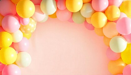 A colorful balloon arch with pastel-colored balloons in various shades of pink, yellow, green, and purple against a white background.
