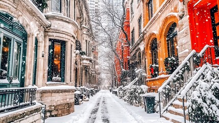Snow-Covered City Street with Ornate Buildings and Red Door