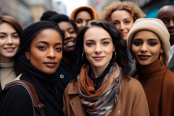 Obraz premium AI generated image of young women on a social protest with diverse crowd