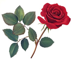 Red rose, green leaves and stem, isolated on white background, vector illustration, detailed.
