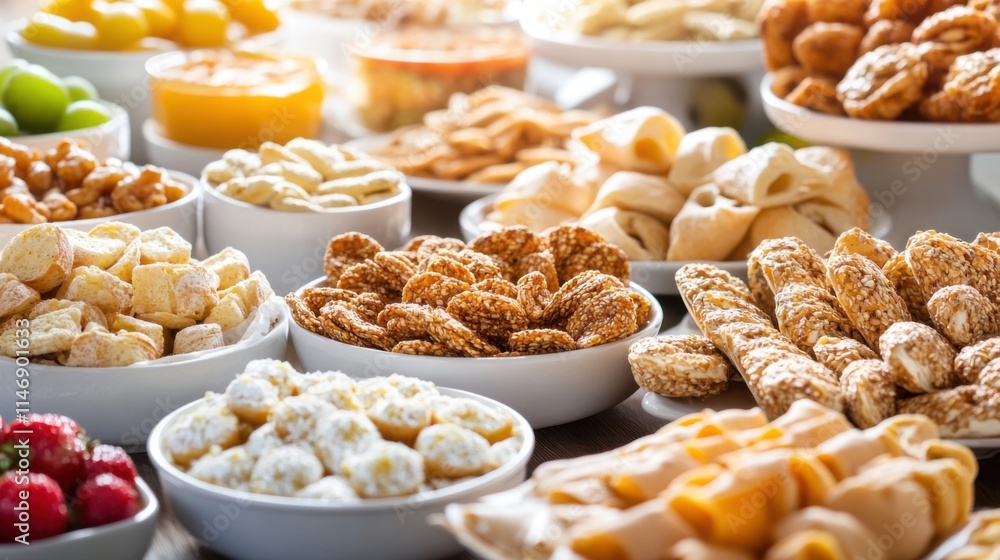 Aufkleber a colorful display of assorted sweet and savory snacks with various textures and shapes on elegant w