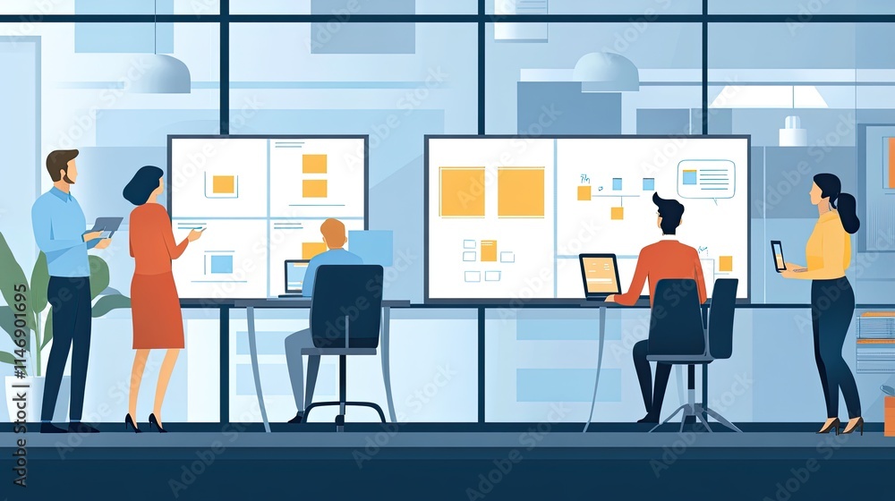 Poster team collaborating on project using large digital displays in modern office.