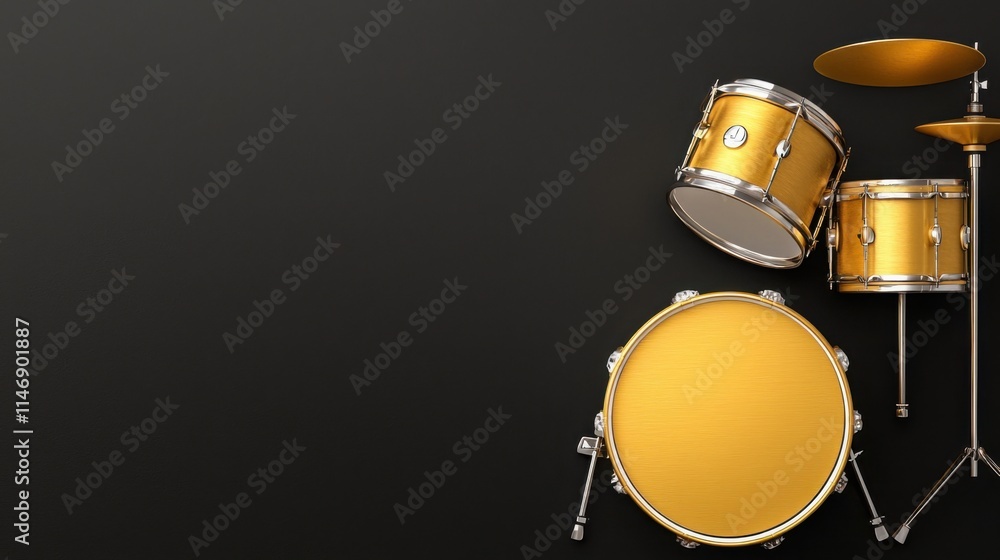 Poster a gleaming golden drum set against a solid black background, with ample copy space on the right for 