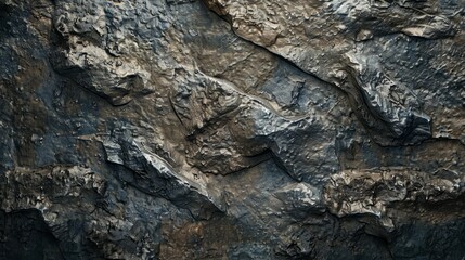 A rock wall with a lot of texture and a dark color. The wall is made of stone and has a rough surface