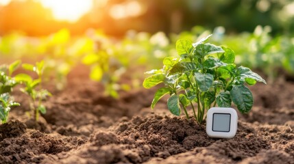 Growth of Young Potato Plants in a Warm Sunlit Field with Soil and a Soil Moisture Sensor Measuring Conditions for Optimal Cultivation Practices