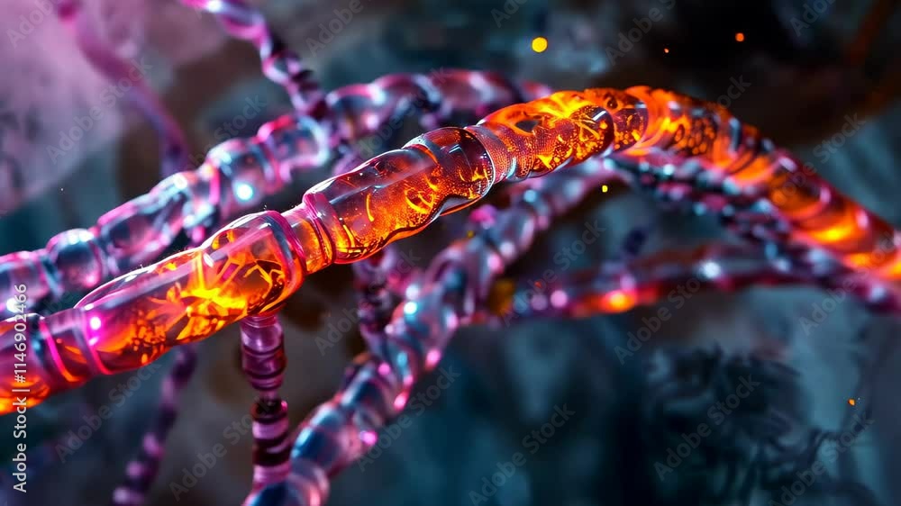 Poster intricate dna strands glow in vivid colors against a dark backdrop, capturing the complexity of gene