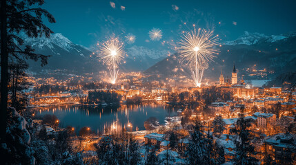 New year's eve celebration bled lake fireworks display winter wonderland aerial view festive atmosphere