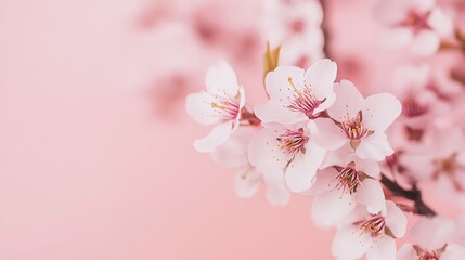 Obraz premium Pink cherry blossoms against a soft blush pink background, close-up shot, Minimalist style
