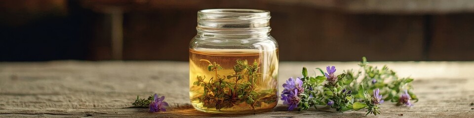 jar of herbal tincture. Selective focus