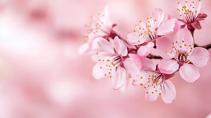 Obraz premium Pink cherry blossoms against a soft blush pink background, close-up shot, Minimalist style