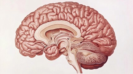 Detailed anatomical illustration of a human brain, showcasing its internal structures and lobes.