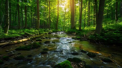 Obraz premium A forest is a vast, enchanting expanse of towering trees, lush undergrowth, and an intricate web of life teeming with diversity. Sunlight filters through the dense canopy, creating dappled patterns of