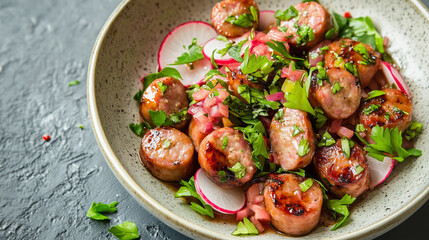 Andouille sausage, ginger, and radish salad  
