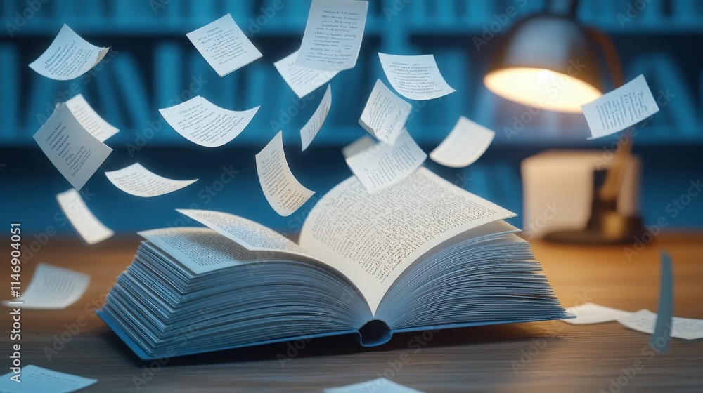 Poster an open book with pages glowing, surrounded by floating words