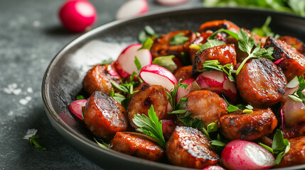 Andouille sausage, ginger, and radish salad  
