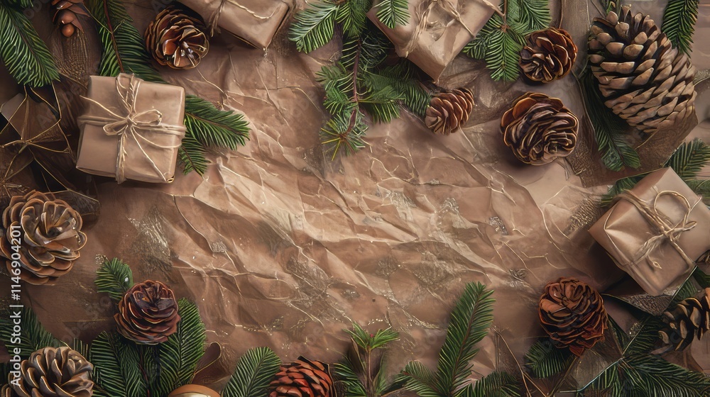 Poster a brown background with pine cones and boxes. the boxes are of different sizes and are placed in var