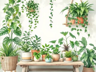 Fototapeta premium Watercolor home decor featuring indoor plants.