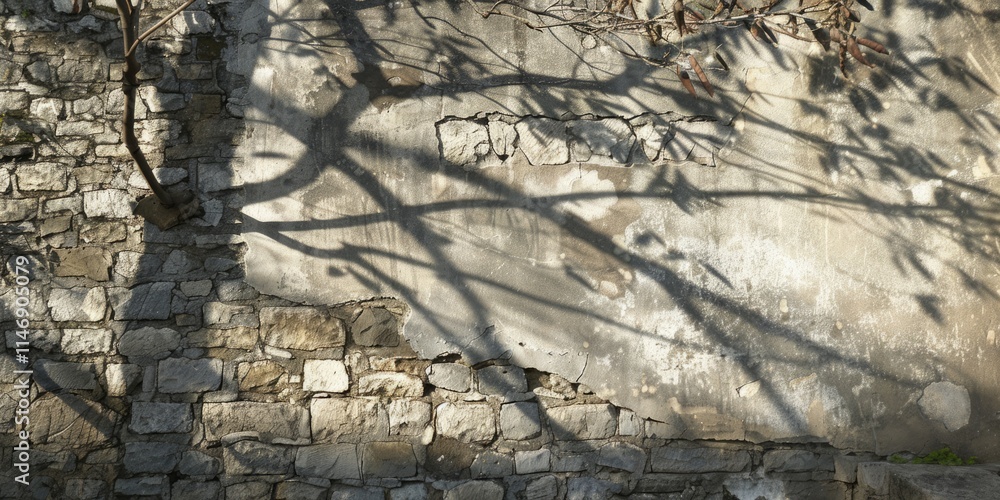 Poster tree branch shadows on a stone wall create an abstract pattern, highlighting nature's artistry in a 