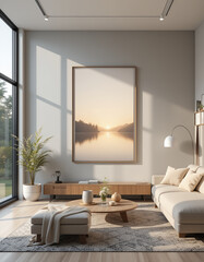 Create an empty frame poster mockup in various living room settings, featuring different wall colors like deep blues, warm neutrals, or vibrant hues, with diverse frame styles such as sleek black.
