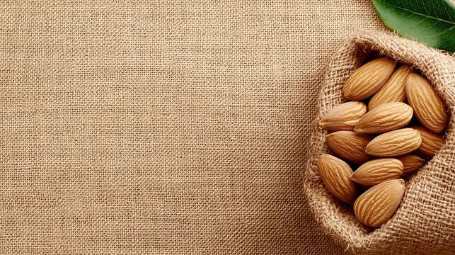 A bag of almonds with a green leaf on top of it