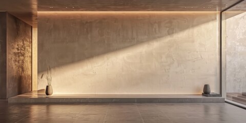 A serene minimalist interior with soft natural light, showcasing modern design and neutral tones in a spacious room.