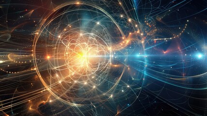 Explore an eye-catching abstract geometric visualization that encapsulates the essence of theoretical concepts, blending light and energy in a vivid backdrop.
