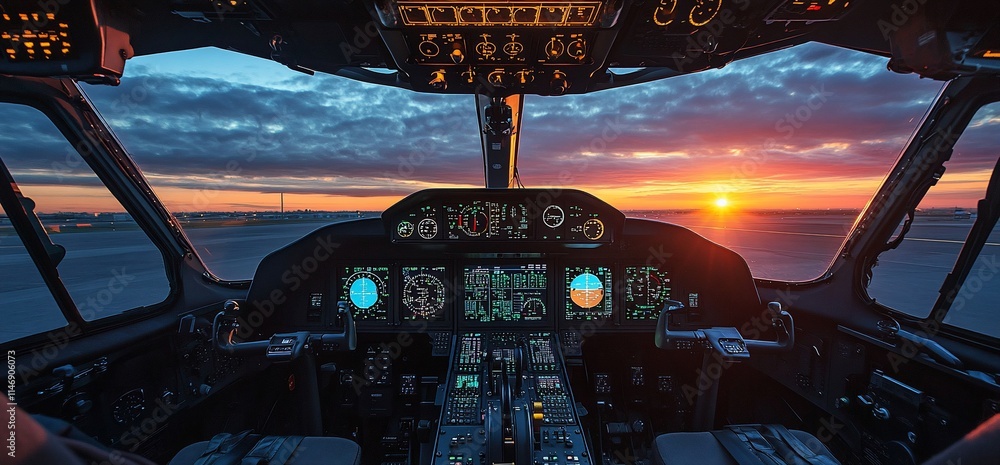 Poster cockpit view during sunset, showcasing flight instruments and controls.