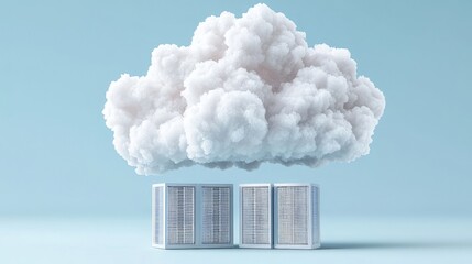 Cloud computing concept Servers under a fluffy cloud on a light blue background.