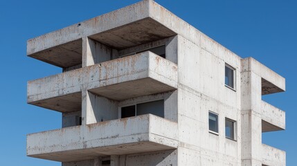 Modern concrete building with balconies against a clear blue sky.