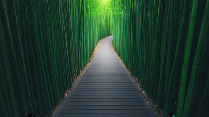 Serene ambiance and relaxing spiritual, A serene bamboo pathway lined with lush green stalks, inviting exploration and tranquility in a natural setting.