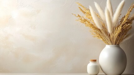 A vase with a bunch of dried grass in it next to a jar