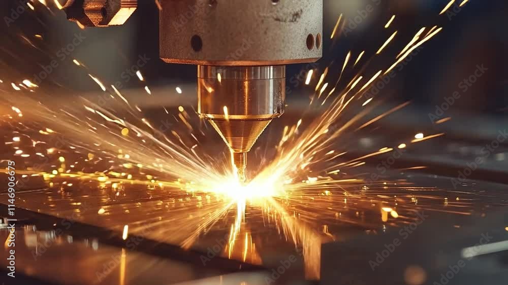 Poster watch as a high powered laser precisely cuts through metal, creating sparks and demonstrating advanc