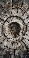Detailed view of a tree stump showcasing concentric rings and cracked texture, highlighting natural patterns and aging.