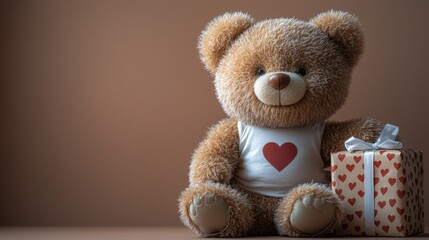 Adorable brown teddy bear with a white T-shirt featuring a red heart, sitting beside a brown gift box wrapped with heart-patterned paper and white ribbon on a warm, cozy background.
