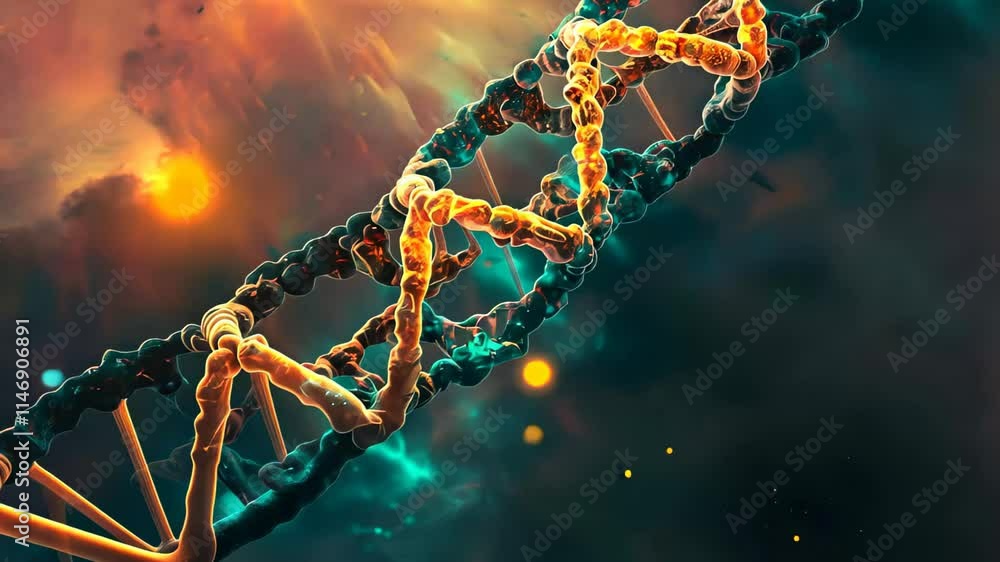 Poster a detailed view of a dna helix vividly colored against a cosmic backdrop captures the essence of gen