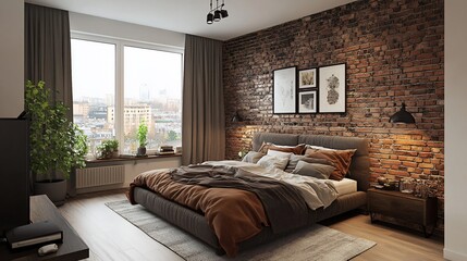 Modern bedroom with exposed brick wall, large window, and cozy bedding.