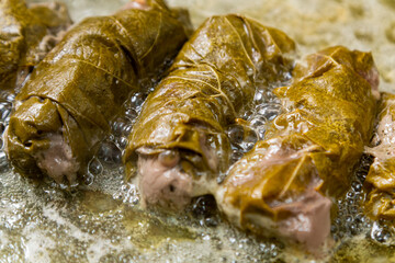 Dolma grape leaves with beef in a frying pan with oil stewed in water.