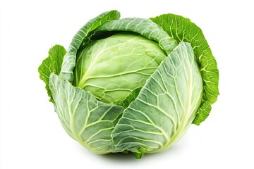 Obraz premium A perfectly round green cabbage head, isolated on a white background