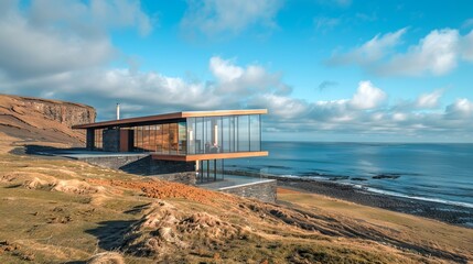 Modern Glass House Overlooking Ocean on a Sunny Day in Coastal Landscape. Concept of Luxurious Architecture, Scenic Views, Tranquility, and Contemporary Design