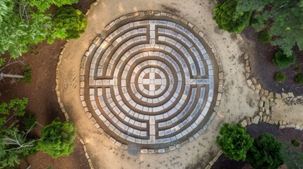 Aerial view of a cross-shaped labyrinth for meditative walking