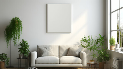 A serene living room with a blank canvas, plants, and natural light.