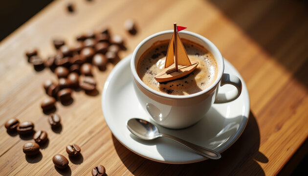 Miniature sailboat sets sail on coffee waves in a cozy cafe atmosphere