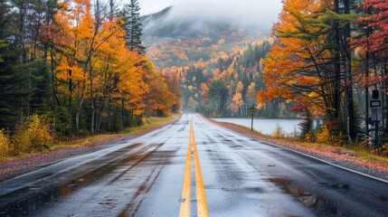 Fototapeta premium A road with a yellow line down the middle and trees on either side. The road is wet and the leaves are falling