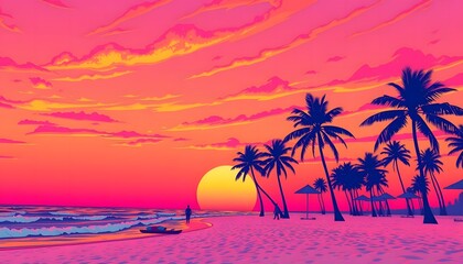 Vibrant Sunset Paradise: A Tropical Beach at Dusk