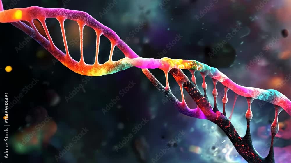Poster the visual depicts a dynamic double helix dna structure set against a mystical cosmic background, sh