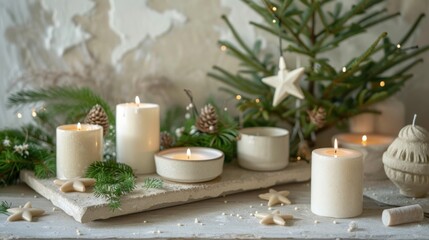 Cozy Christmas Candlelight Scene with Evergreen Branches and Star Decorations